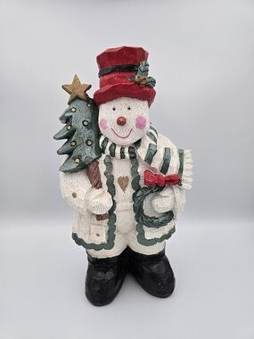 Festive Snowman Figurine with Red Hat and Green Tree - Unbranded